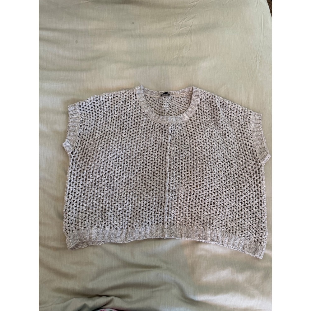 Ann Taylor Open Knit Short Sleeve Sweater‎ Top Oversized Boxy Beige L - Picture 2 of 6